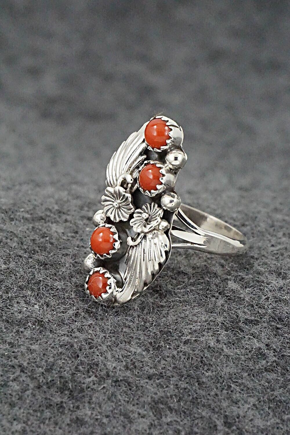 Coral & Sterling Silver Ring - Alice Rose Saunders - Size 8.25