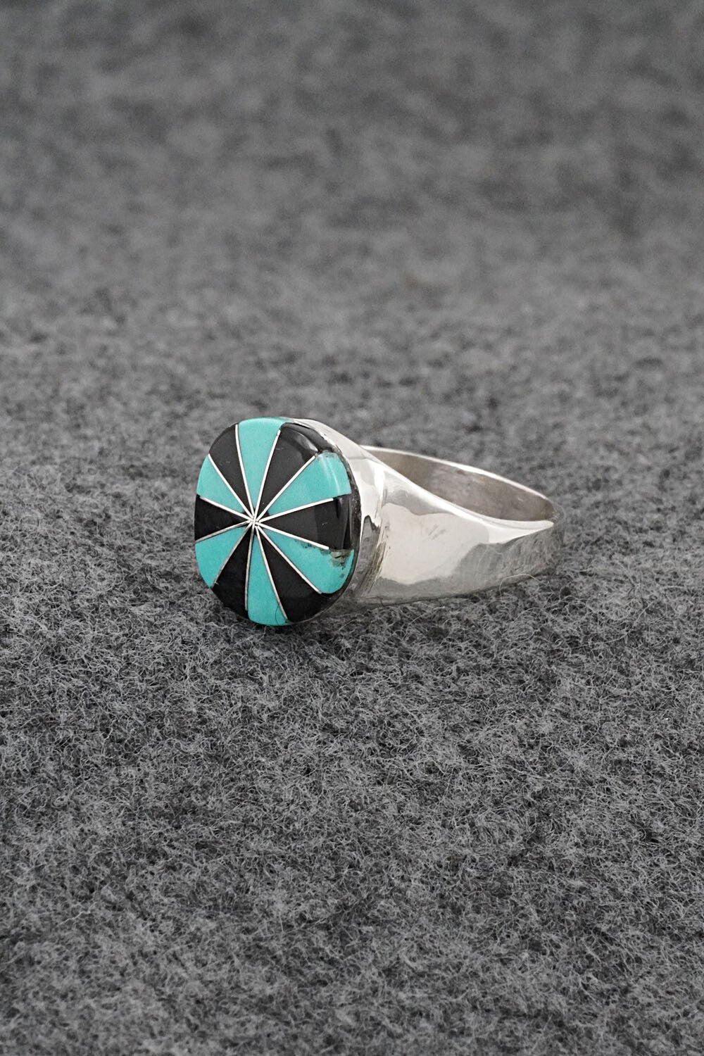 Turquoise, Onyx & Sterling Silver Inlay Ring - Johnson Laweka - Size 8