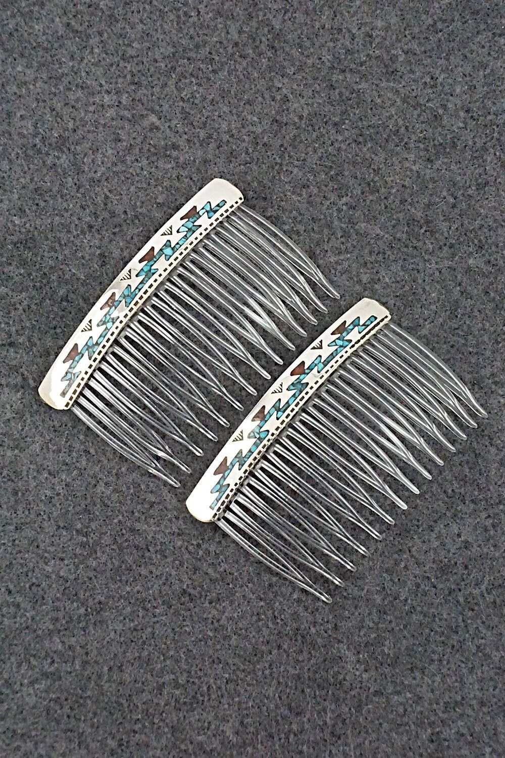 Turquoise, Coral & Sterling Silver Hair Combs - Jolene Yazzie
