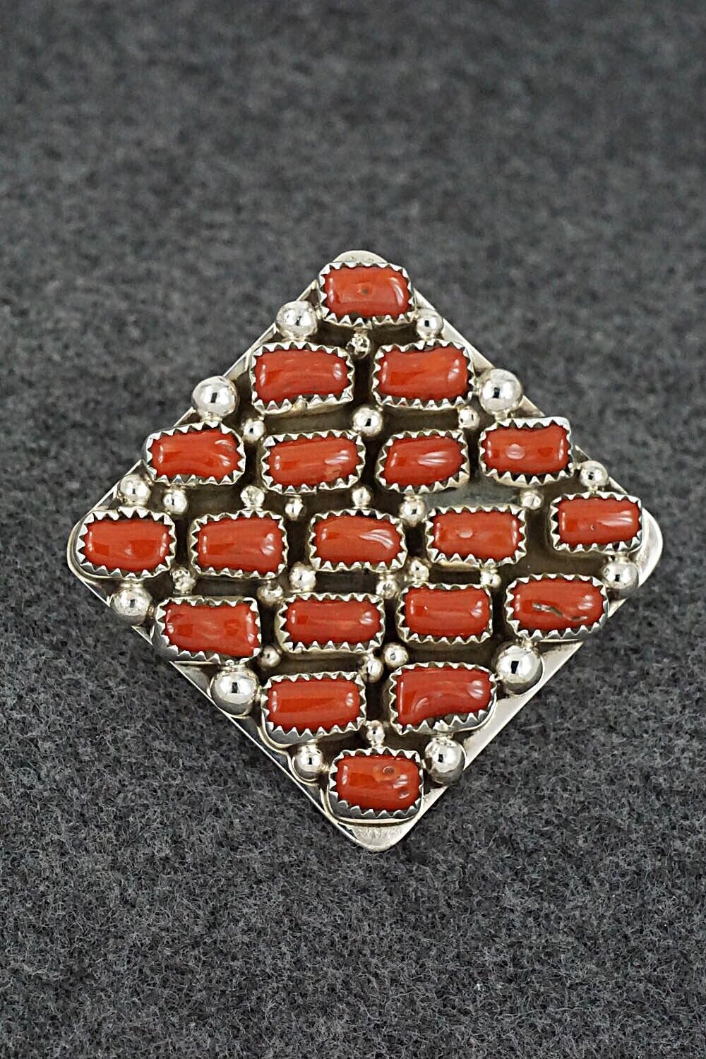 Coral and Sterling Silver Ring - Darlene Begay - Size 8