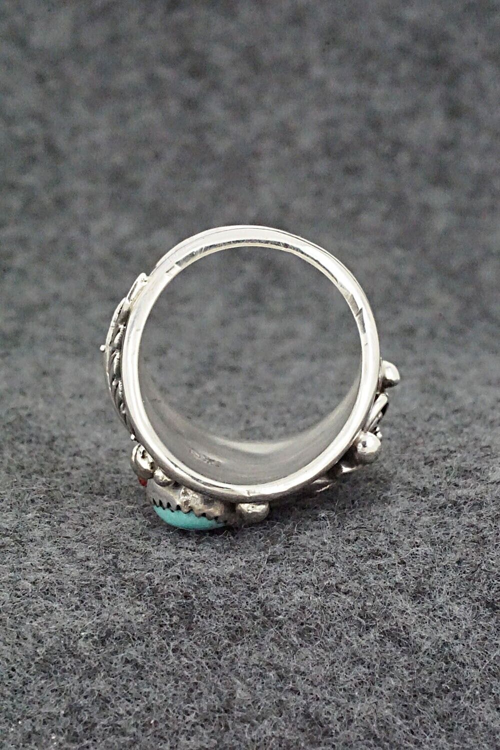 Turquoise, Coral & Sterling Silver Ring - Jeannette Saunders - Size 9.75