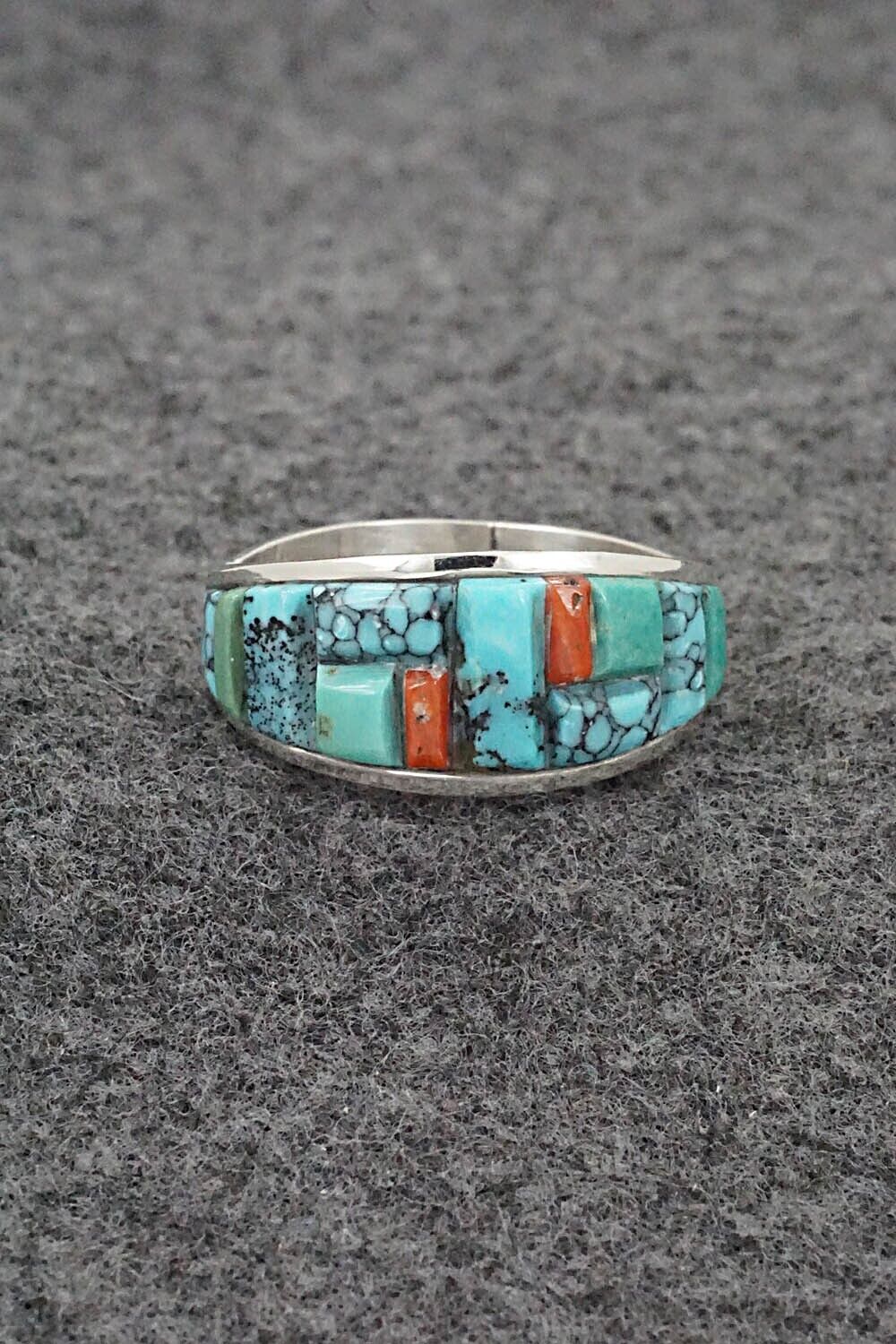 Turquoise, Coral & Sterling Silver Ring - Edison Yazzie - Size 10.5