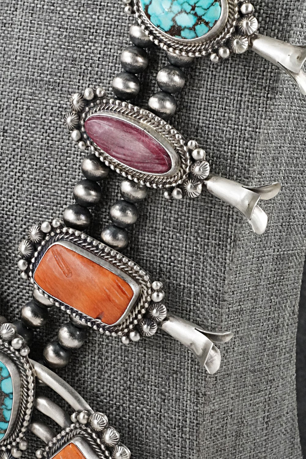 Turquoise, Spiny Oyster & Sterling Silver Squash Blossom Necklace - Tom Lewis