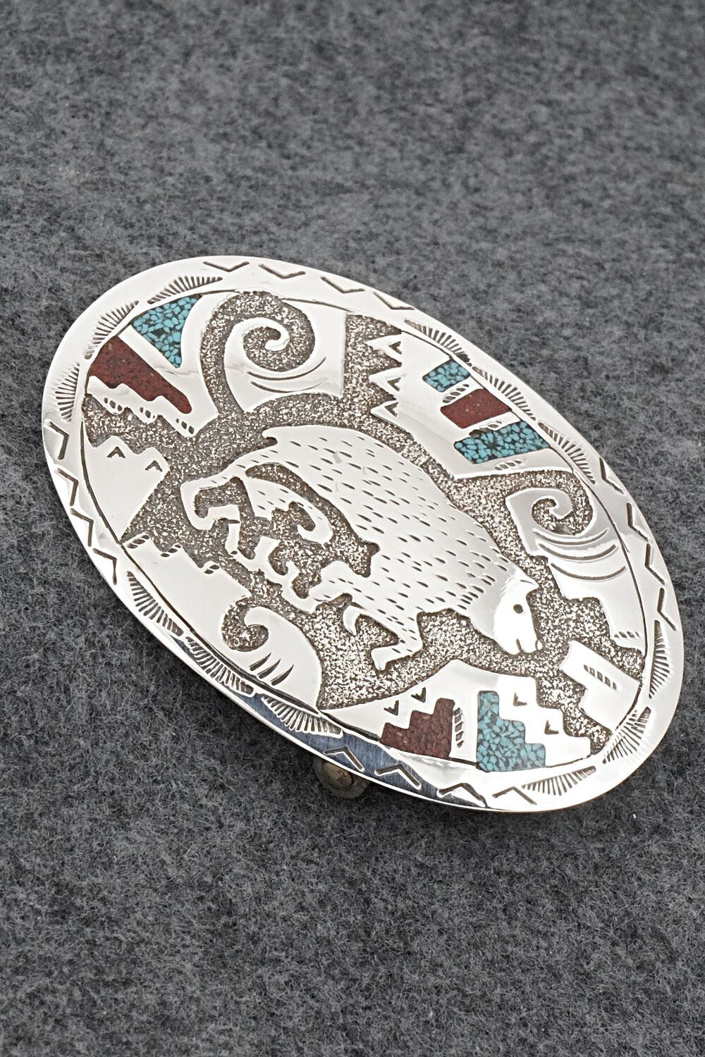 Turquoise, Coral Chip Inlay & Sterling Silver Belt Buckle - Raymond Begay