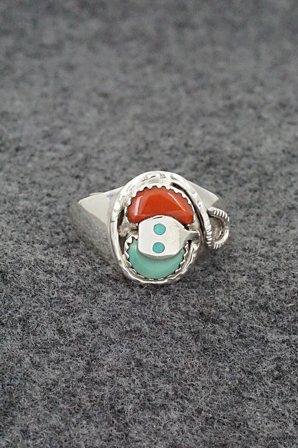 Turquoise, Coral & Sterling Silver Ring - Joy Calavaza - Size 8.5