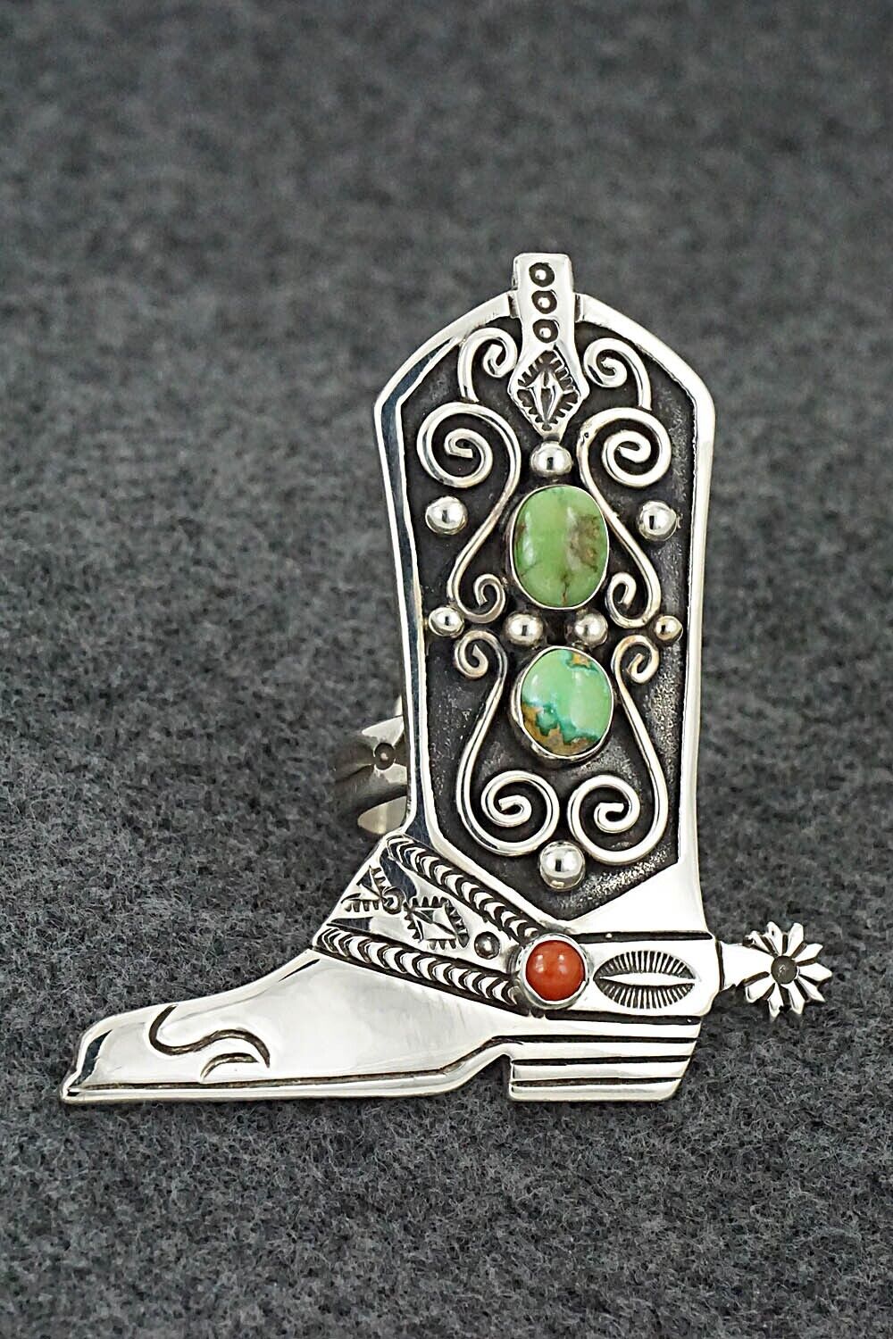 Turquoise, Coral & Sterling Silver Ring - Lee Charley - Size 8 Adj.