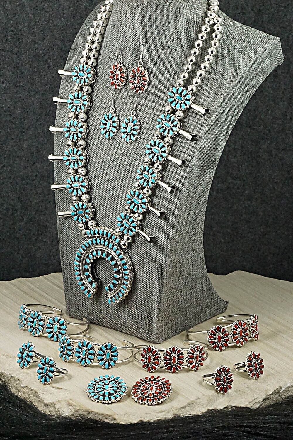 Turquoise, Coral & Sterling Silver Squash Blossom Set - Elton Jones