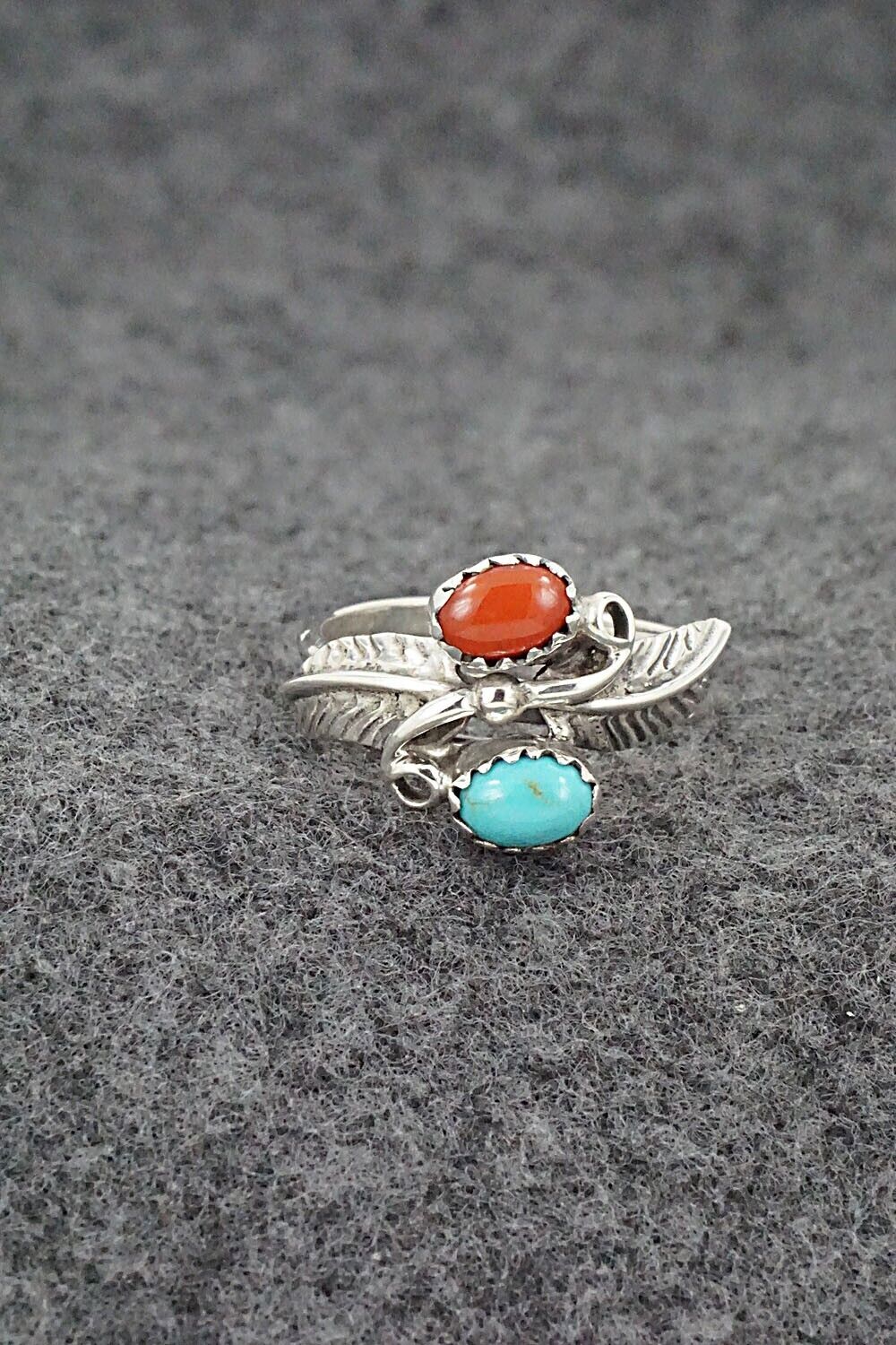 Turquoise, Coral & Sterling Silver Ring - Harry B. Yazzie - Size 7