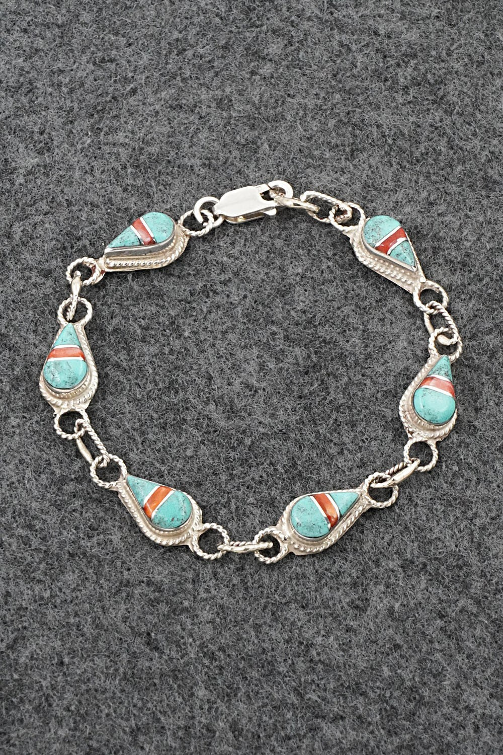 Turquoise, Coral & Sterling Silver Link Bracelet - Terrance Panteah