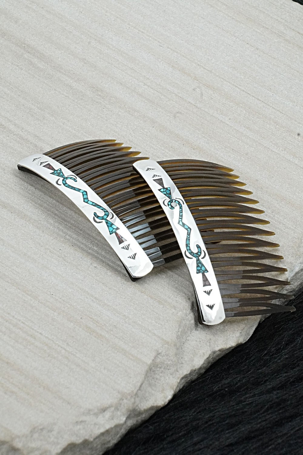 Turquoise, Coral Chip Inlay & Sterling Silver Hair Combs - Joleen Yazzie