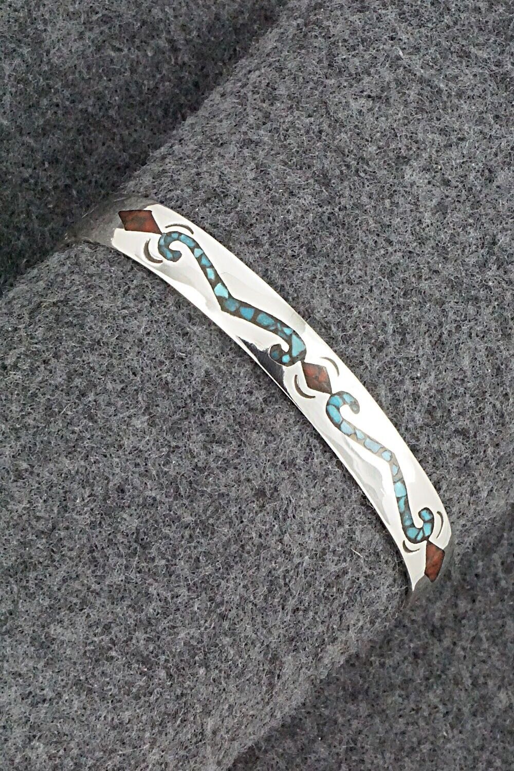 Turquoise, Coral Chip Inlay & Sterling Silver Bracelet - Joleen Yazzie