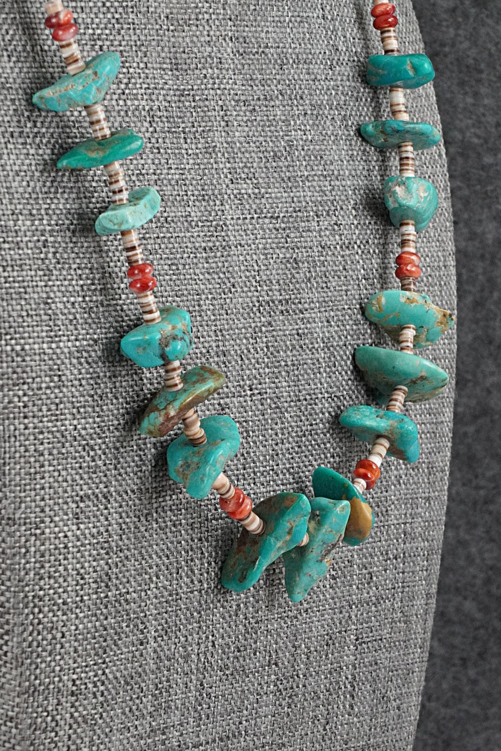 Turquoise, Spiny Oyster & Sterling Silver Necklace 19" - Helen Tsosie