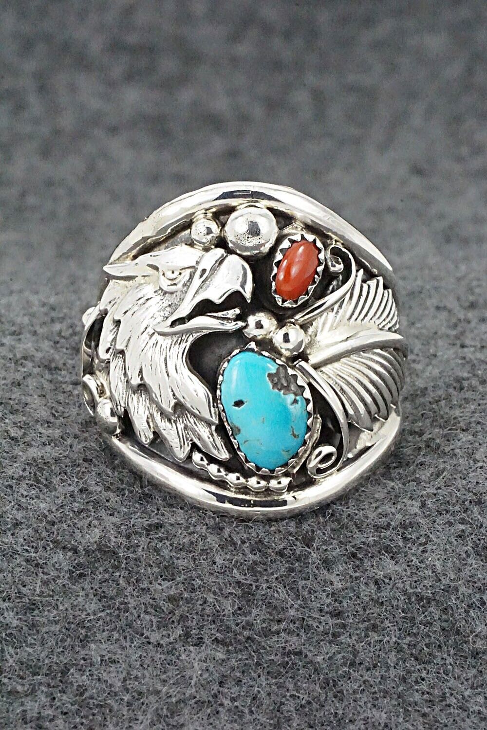 Turquoise, Coral & Sterling Silver Ring - Jeannette Saunders - Size 14