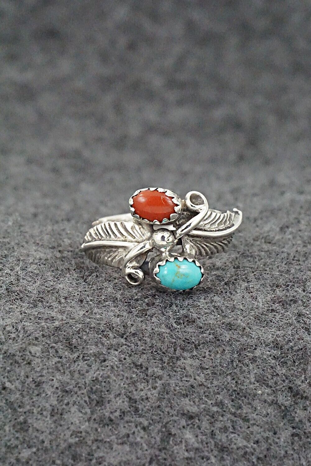 Turquoise, Coral & Sterling Silver Ring - Harry B. Yazzie - Size 6.5