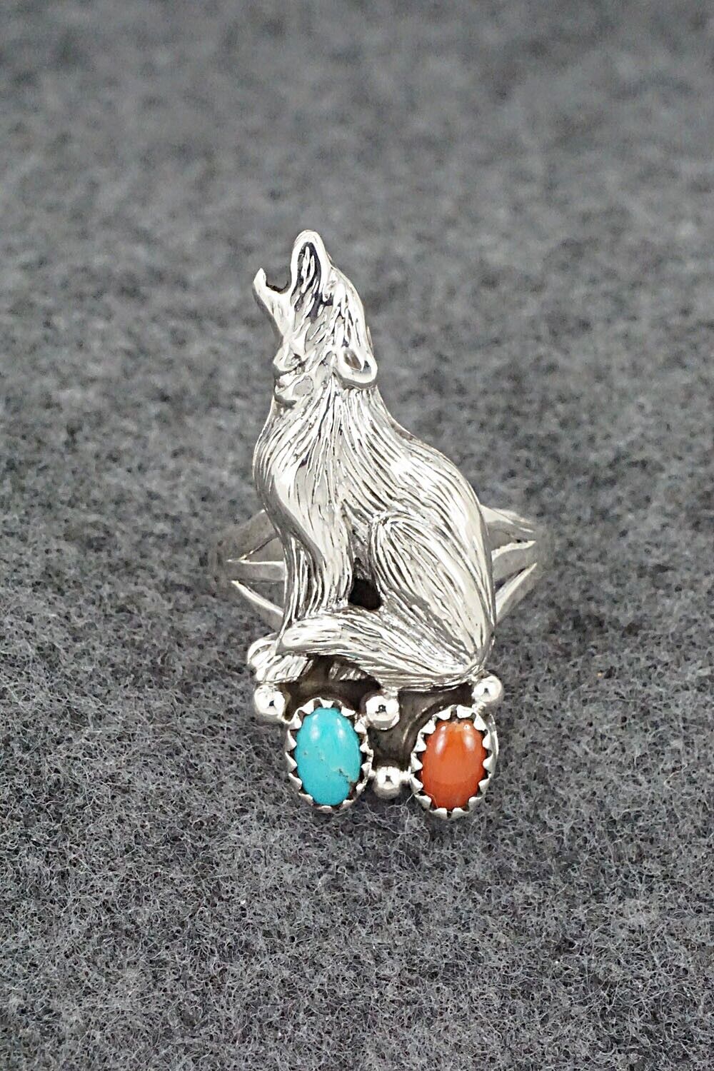Turquoise, Coral & Sterling Silver Ring - Jerryson Henio - Size 8.5