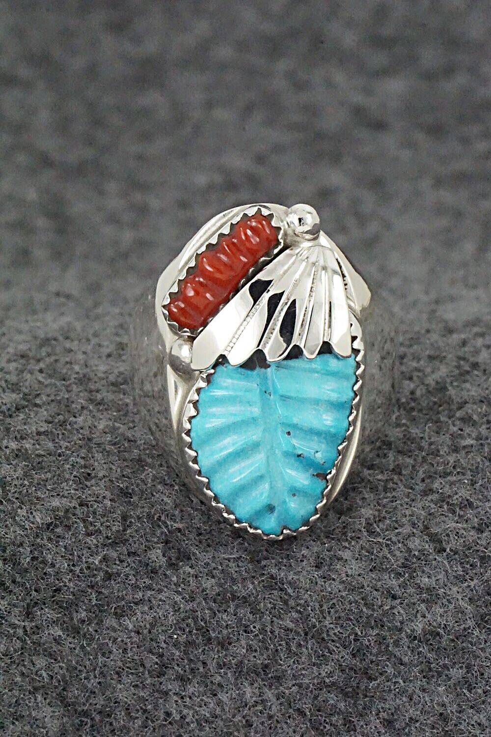 Coral, Turquoise & Sterling Silver Ring - Lyolita Tsattie - Size 9.5