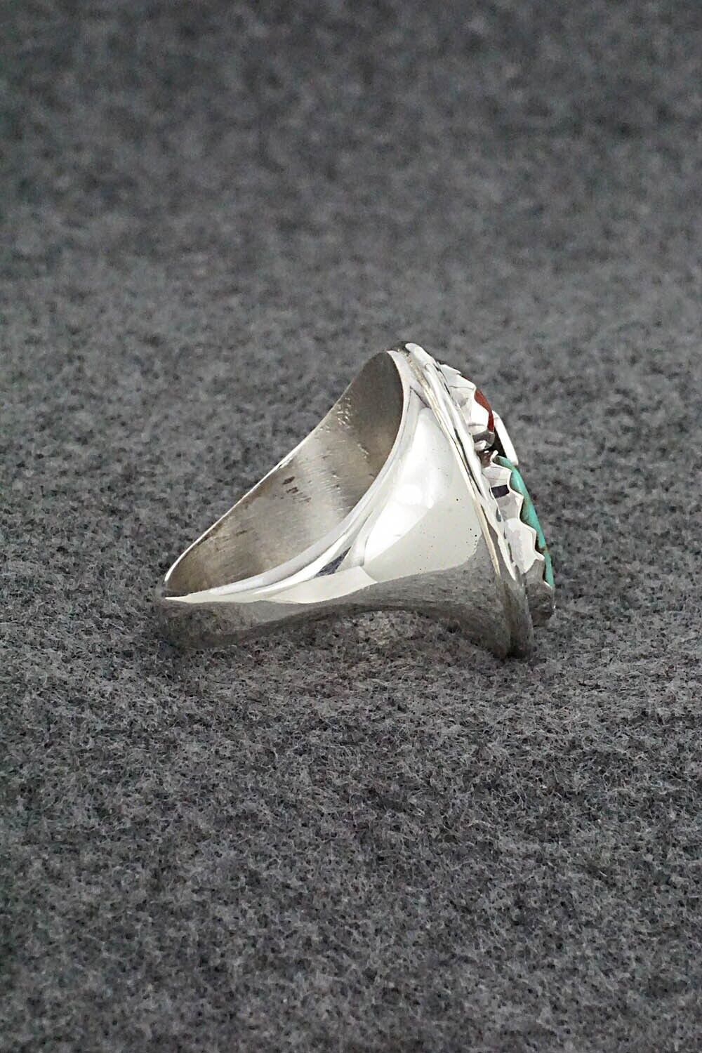 Turquoise, Coral & Sterling Silver Ring - Joy Calavaza - Size 10.5