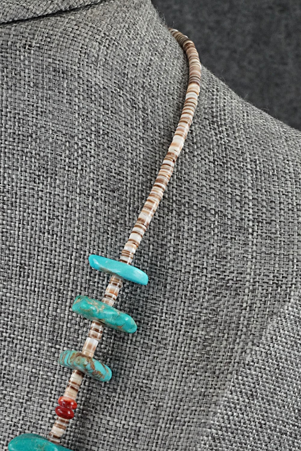 Turquoise, Spiny Oyster & Sterling Silver Necklace 19" - Helen Tsosie