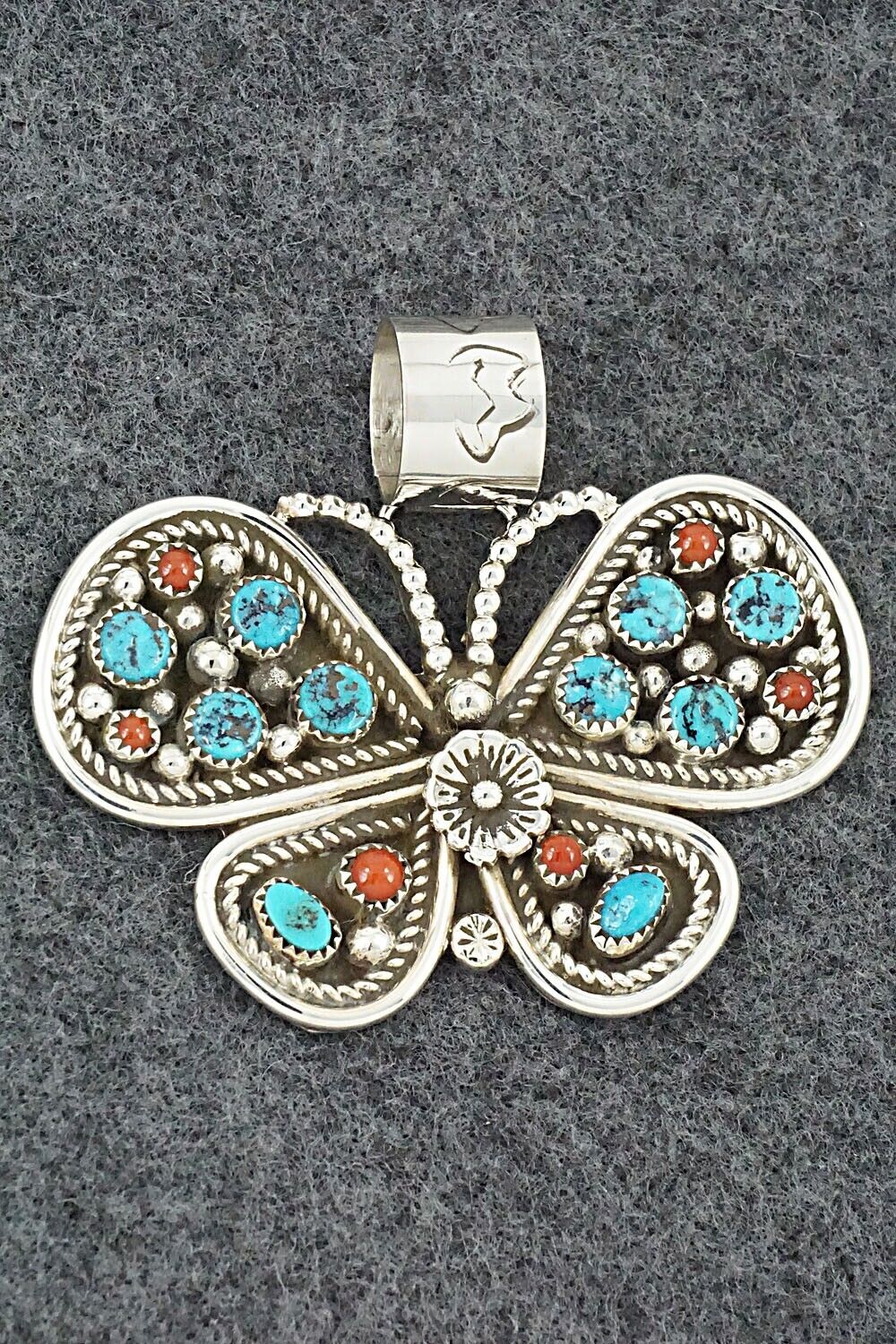 Turquoise, Coral & Sterling Silver Pendant - Darlene Begay