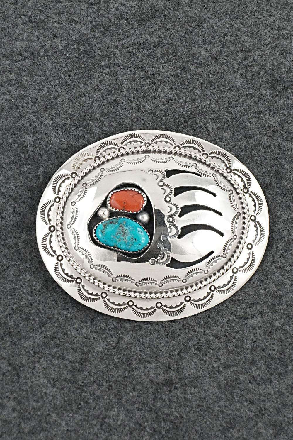 Turquoise, Coral & Sterling Silver Belt Buckle - Wilbert Muskett Sr.