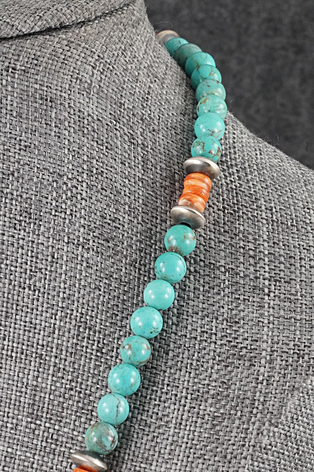 Turquoise, Spiny Oyster & Sterling Silver Necklace 20" - Doreen Jake