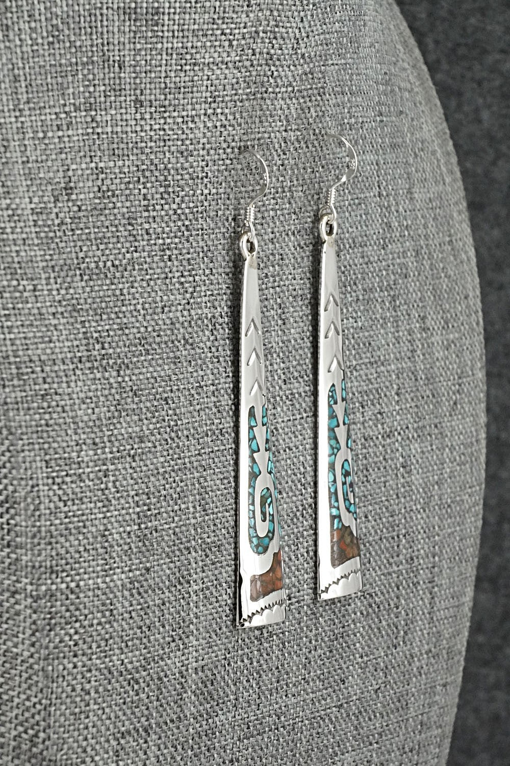 Turquoise, Coral Chip & Sterling Silver Earrings - Joleen Yazzie