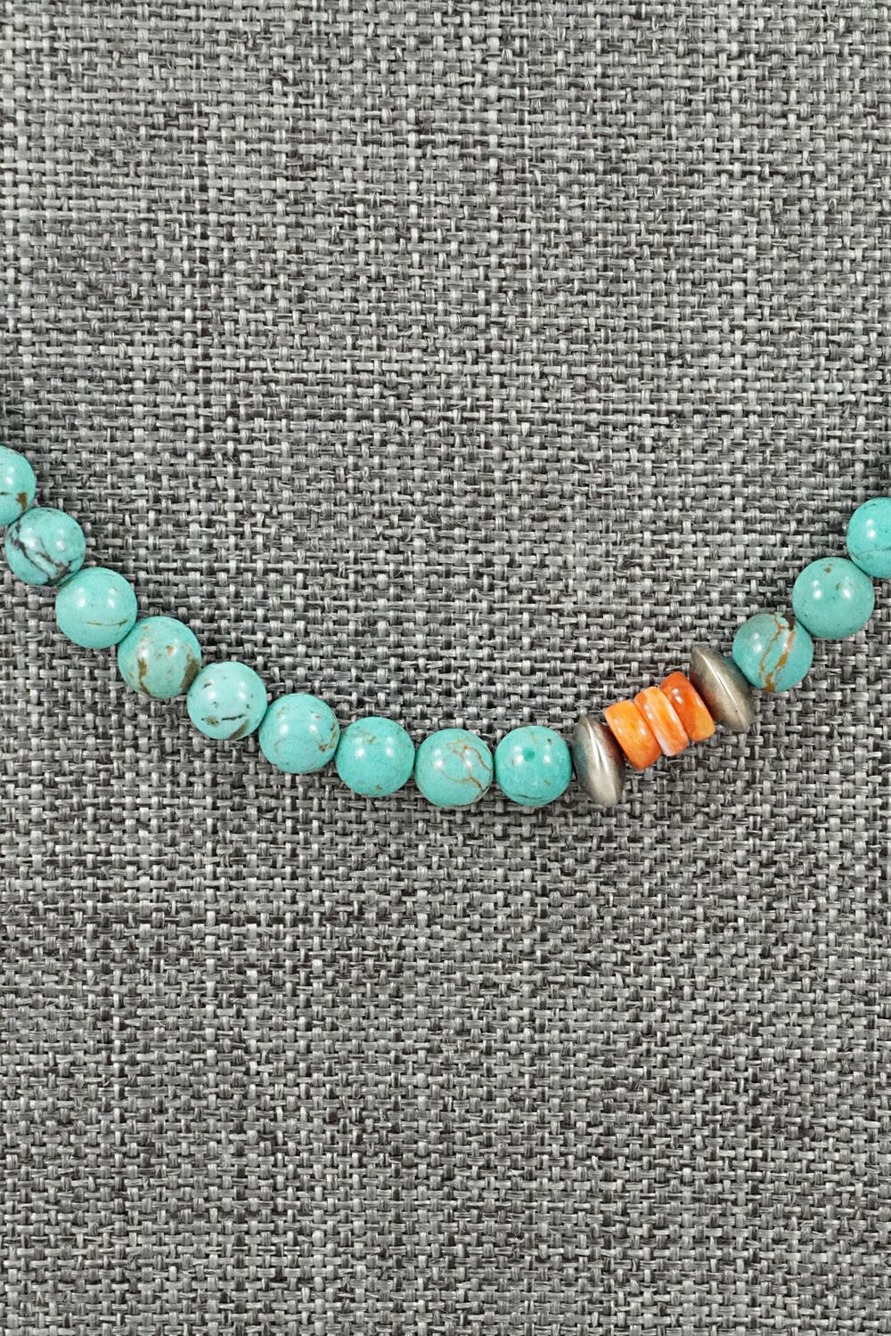 Turquoise, Spiny Oyster & Sterling Silver Necklace 20" - Doreen Jake