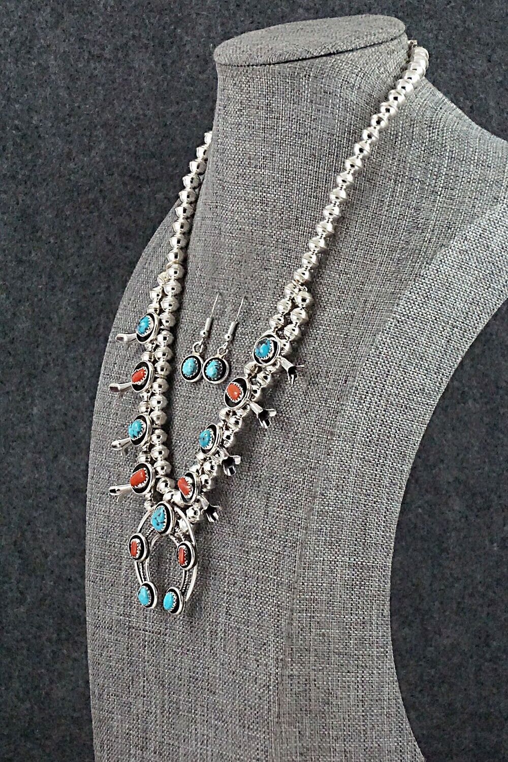 Turquoise, Coral & Sterling Silver Mini Squash Blossom Set - Phil Garcia