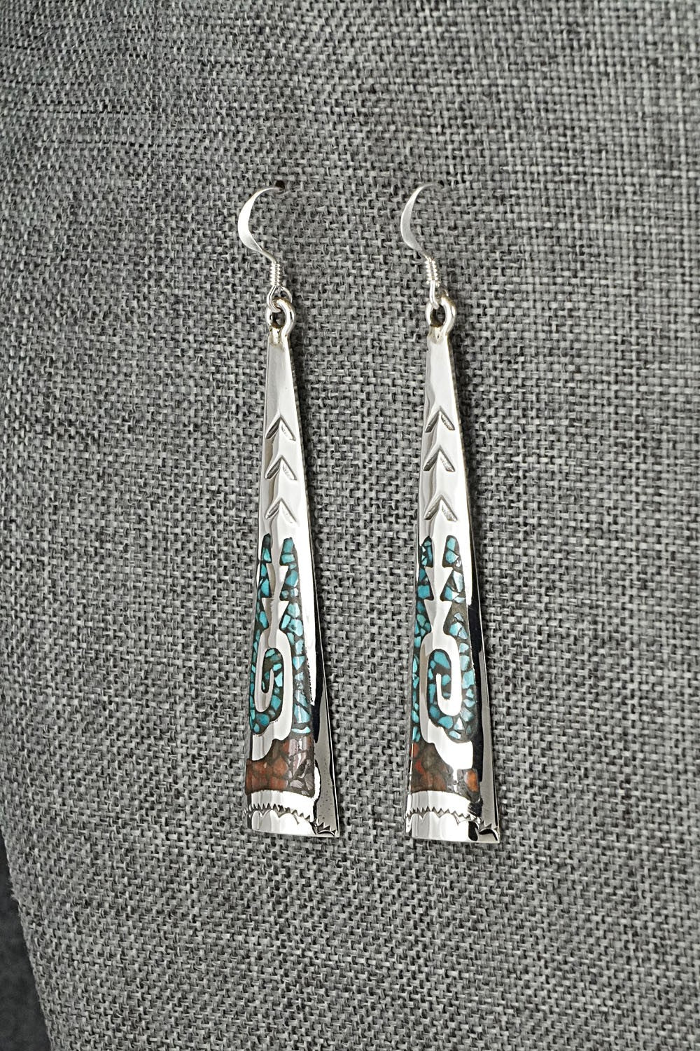 Turquoise, Coral Chip & Sterling Silver Earrings - Joleen Yazzie