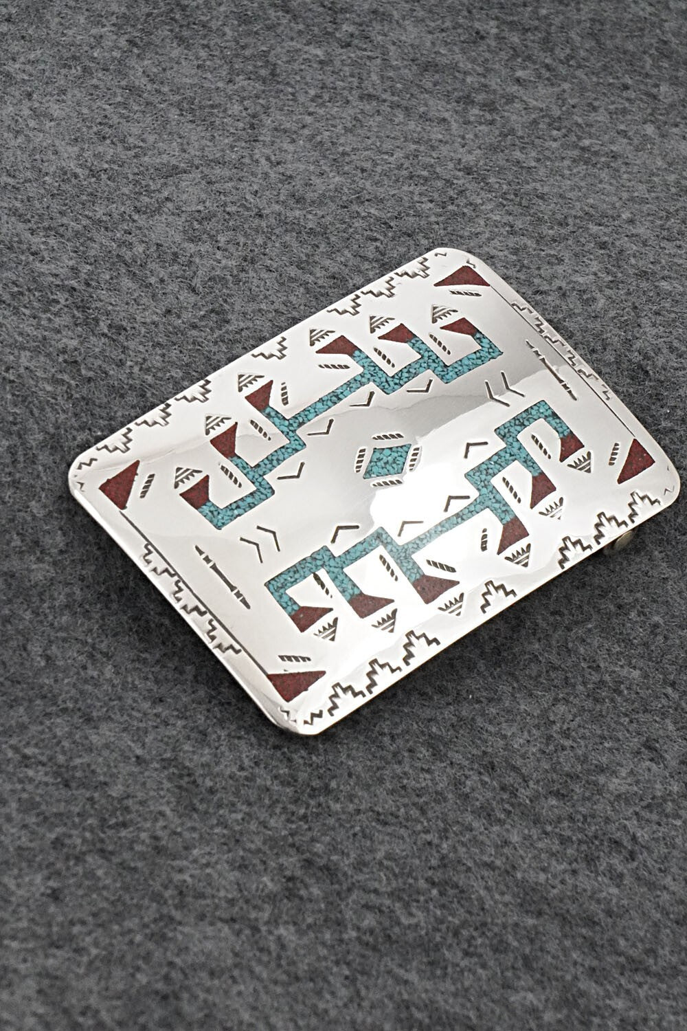 Turquoise, Coral Chip Inlay & Sterling Silver Belt Buckle - Raymond Begay