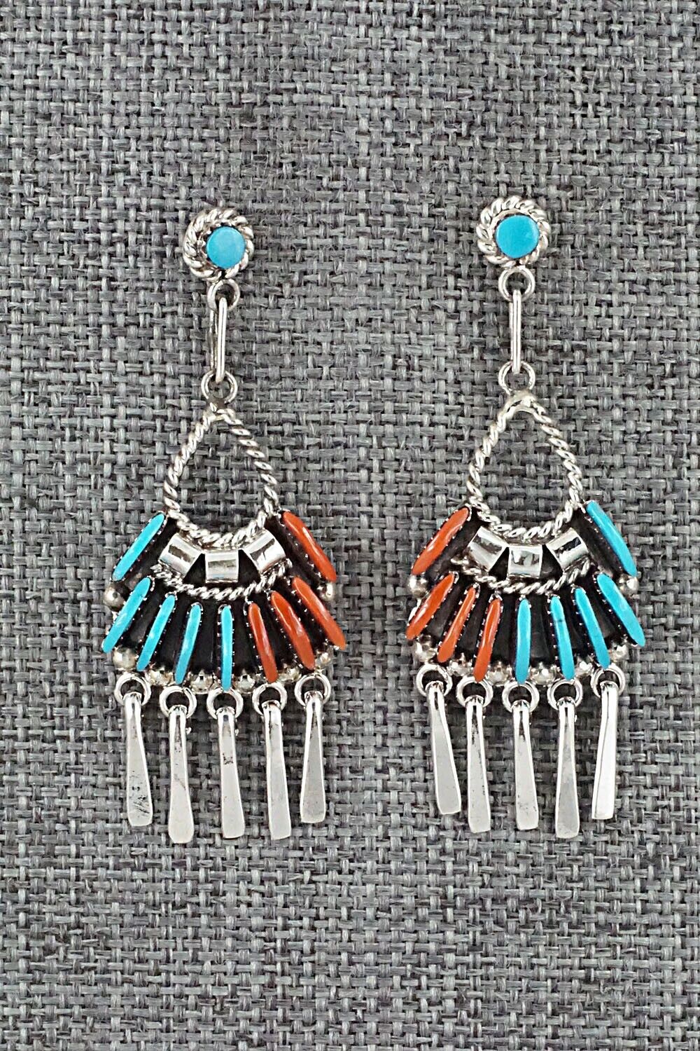 Turquoise, Coral & Sterling Silver Earrings - Edmund Cooeyate