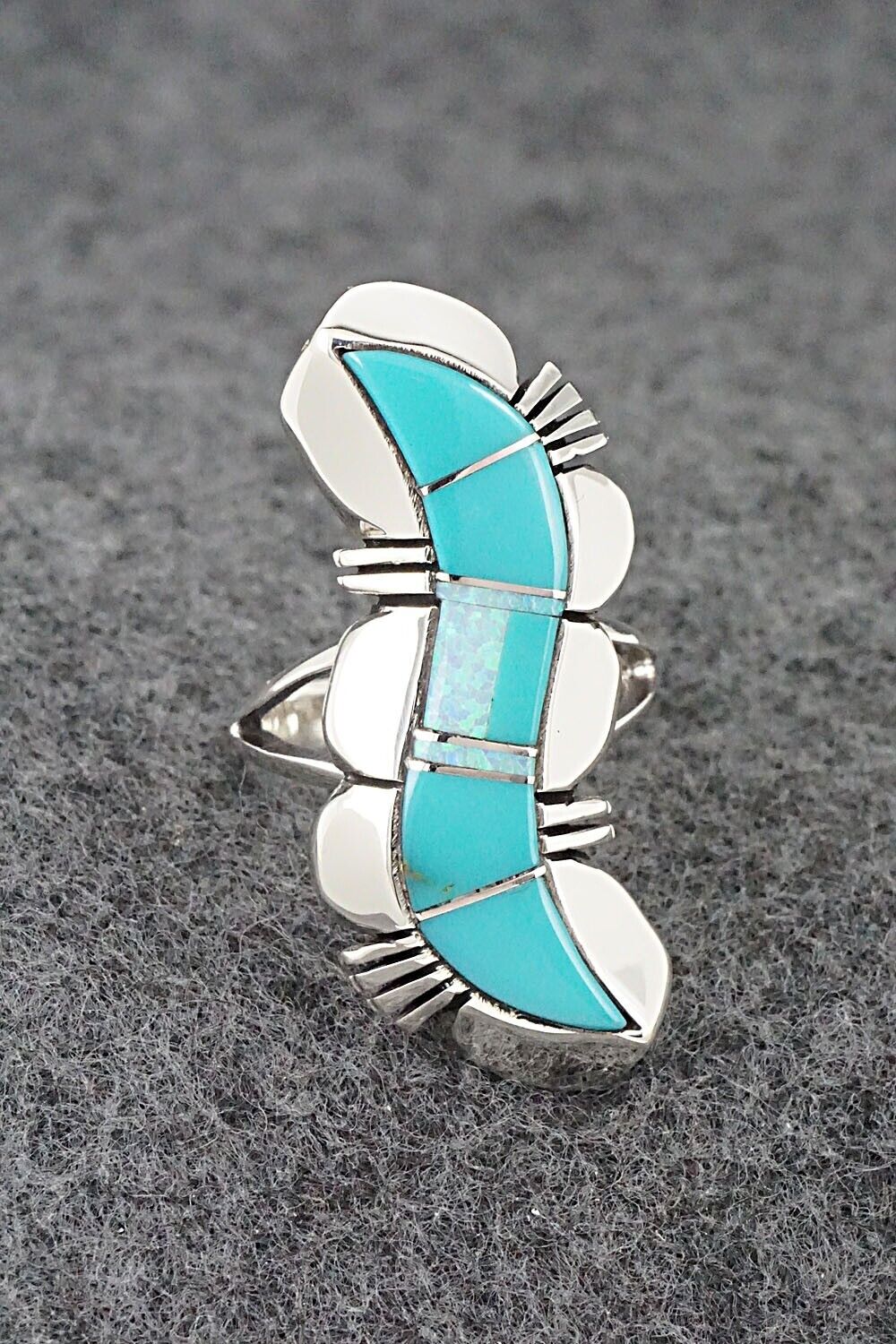 Turquoise, Opalite & Sterling Silver Inlay Ring - James Manygoats - Size 6