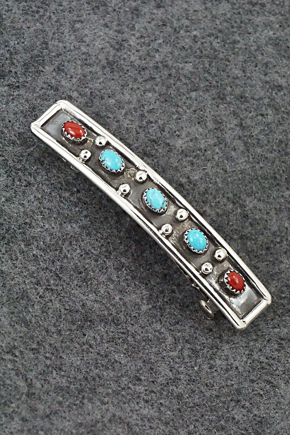 Turquoise, Coral & Sterling Silver Hair Barrette - Paul Largo