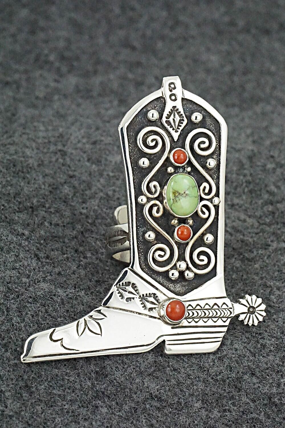 Turquoise, Coral & Sterling Silver Ring - Lee Charley - Size 8.5 Adj.