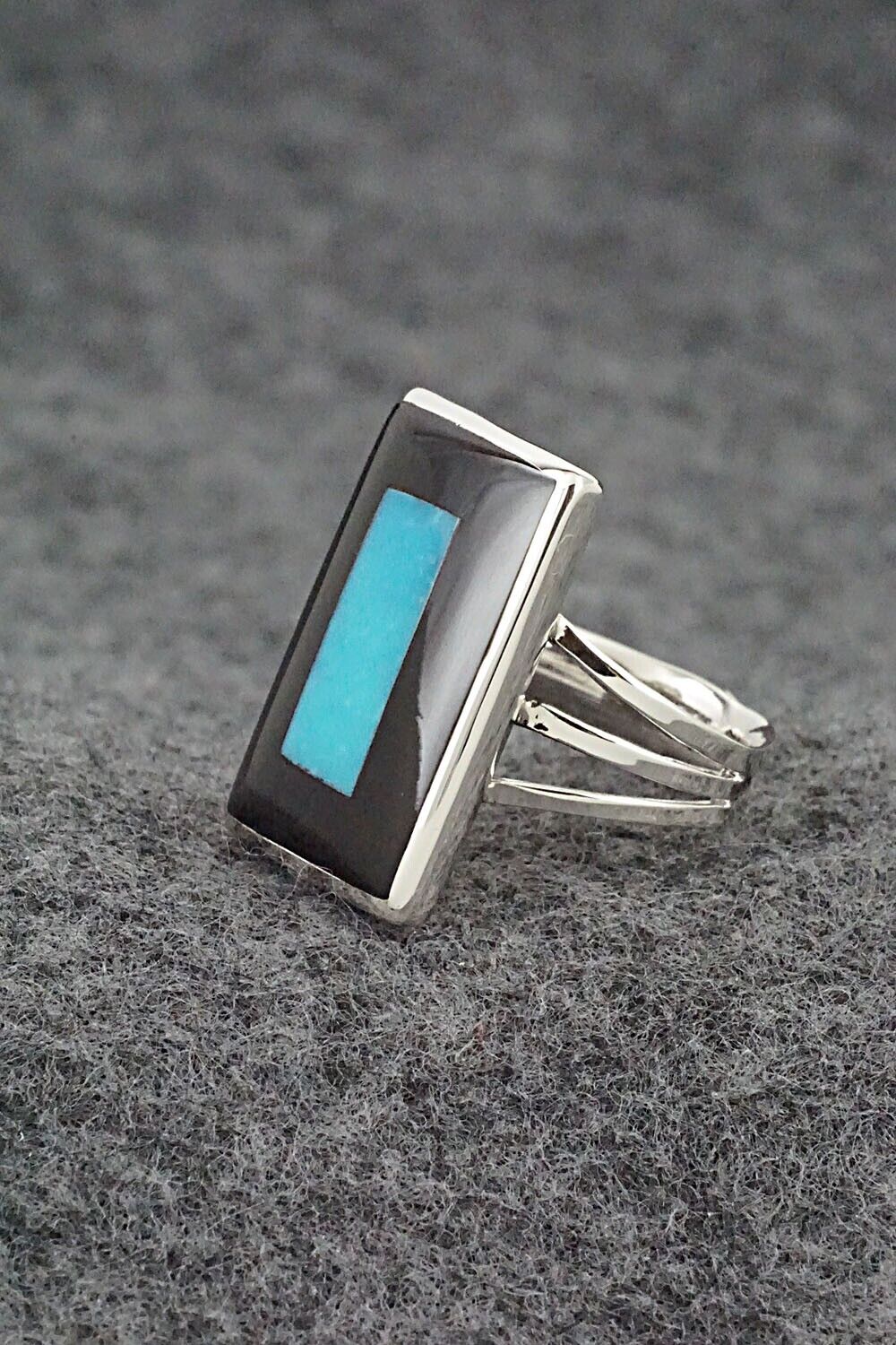 Turquoise, Onyx & Sterling Silver Ring - Harlan Coonsis - Size 6.75