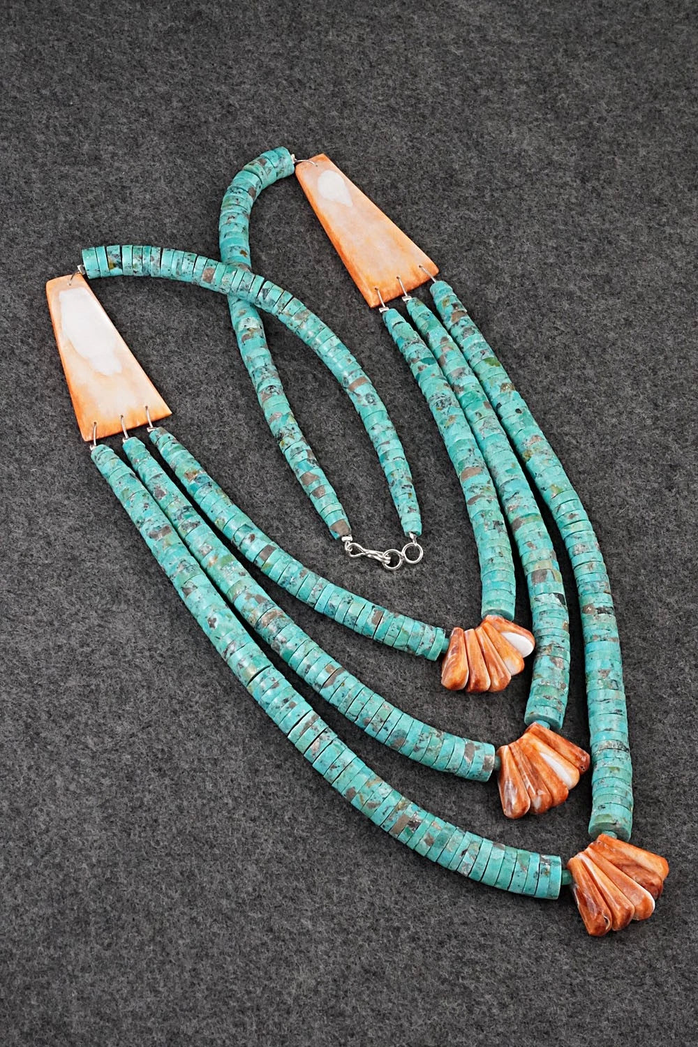 Turquoise, Spiny Oyster and Sterling Silver Necklace - Lupe Lovato