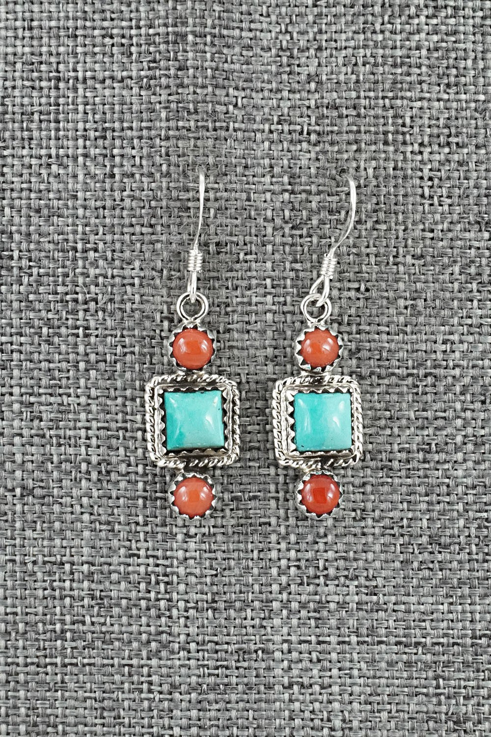 Turquoise, Coral & Sterling Silver Earrings - Gary Shorty