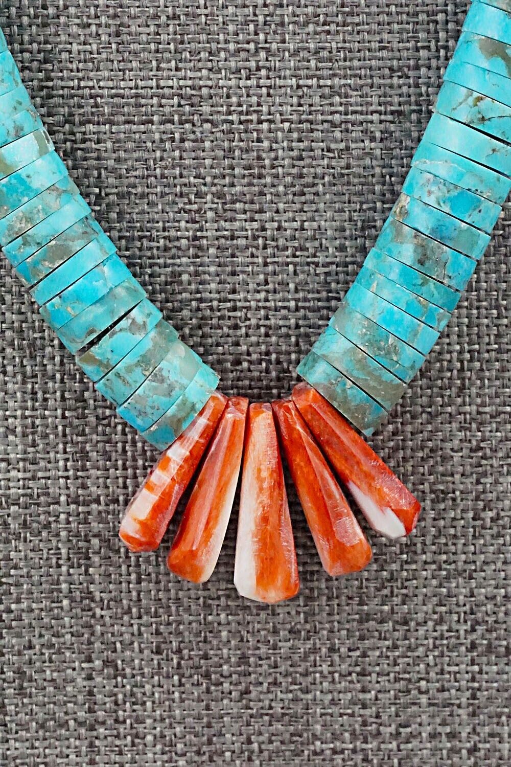 Turquoise, Spiny Oyster and Sterling Silver Necklace - Lupe Lovato