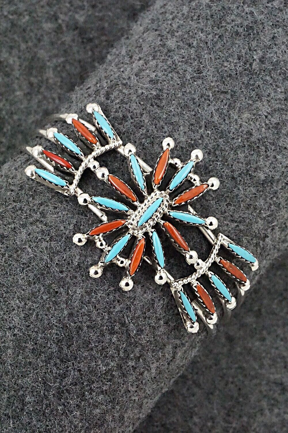 Turquoise, Coral & Sterling Silver Bracelet - Jack Etsate