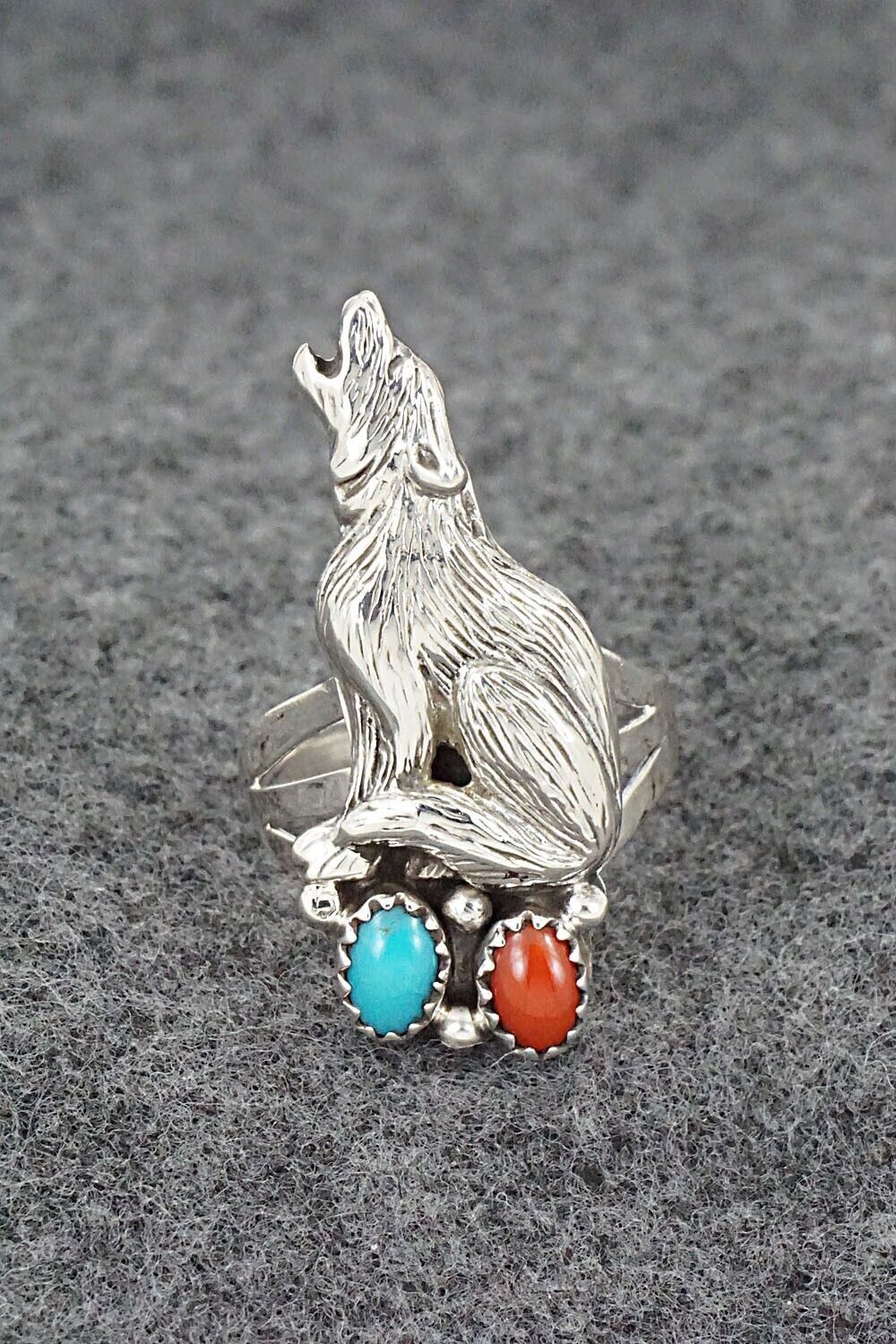 Turquoise, Coral & Sterling Silver Ring - Jerryson Henio - Size 8