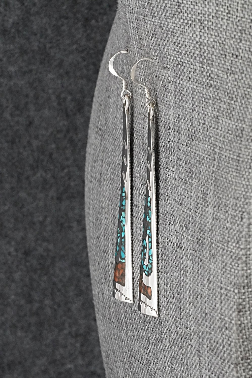 Turquoise, Coral Chip & Sterling Silver Earrings - Joleen Yazzie