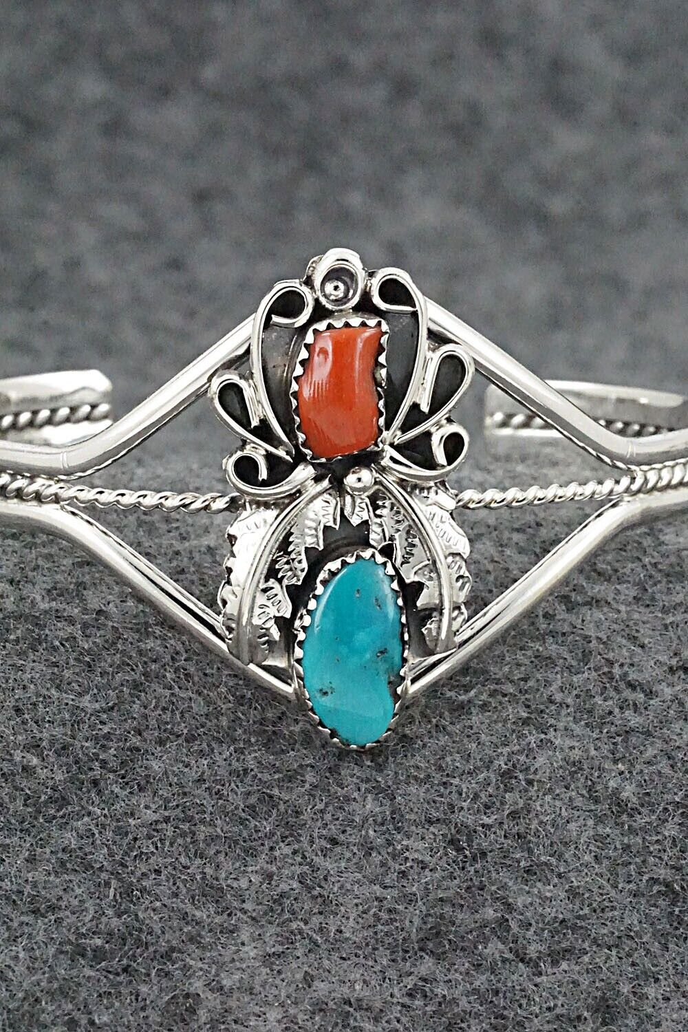 Turquoise, Coral & Sterling Silver Bracelet - Harry B. Yazzie