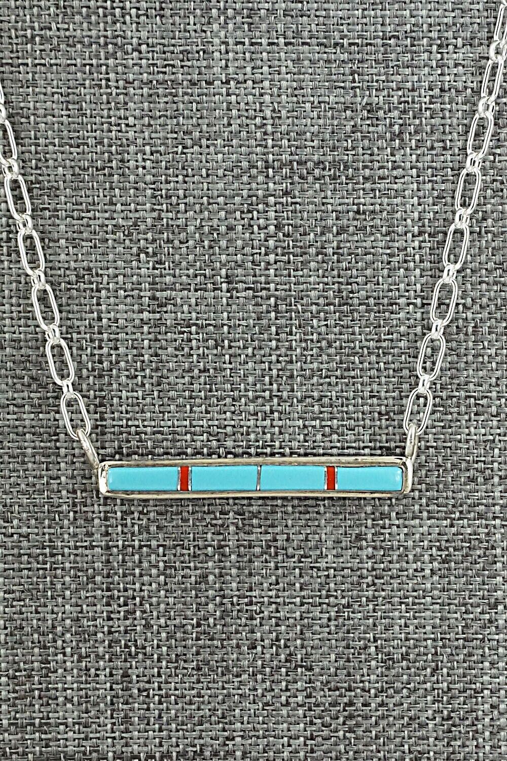 Turquoise, Coral & Sterling Silver Inlay Necklace - Roland Natachu