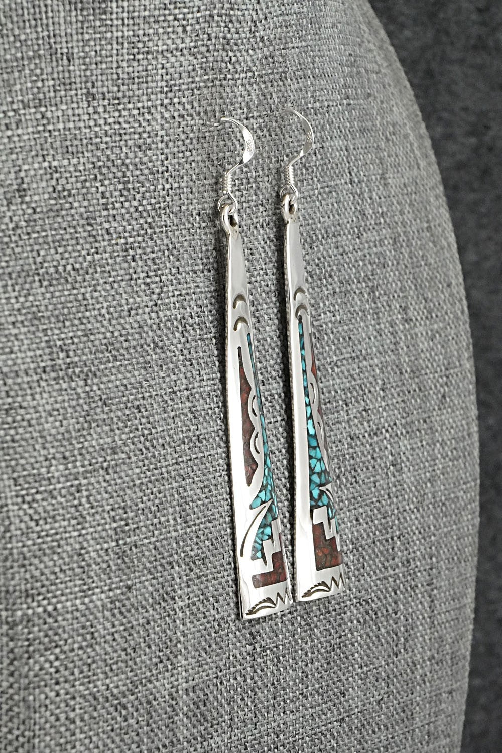 Turquoise, Coral Chip & Sterling Silver Earrings - Joleen Yazzie