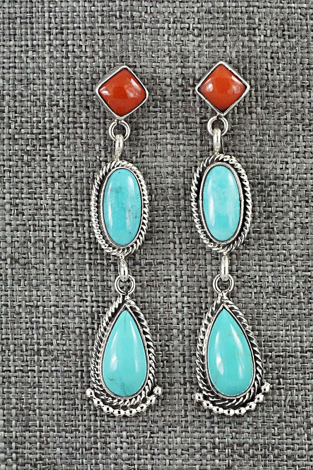 Turquoise, Coral & Sterling Silver Earrings - Verley Betone