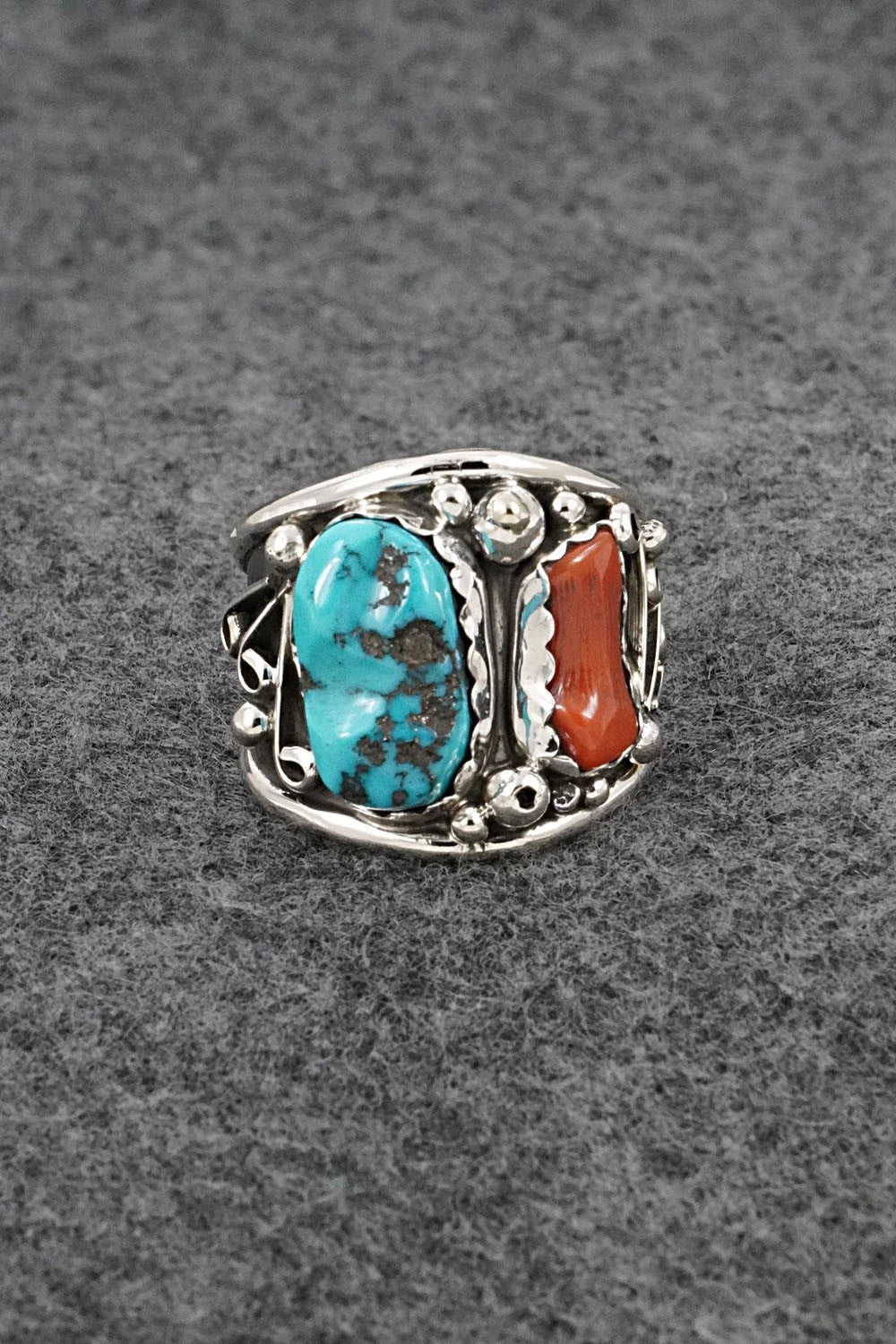 Turquoise, Coral & Sterling Silver Ring - Darrell Morgan - Size 11