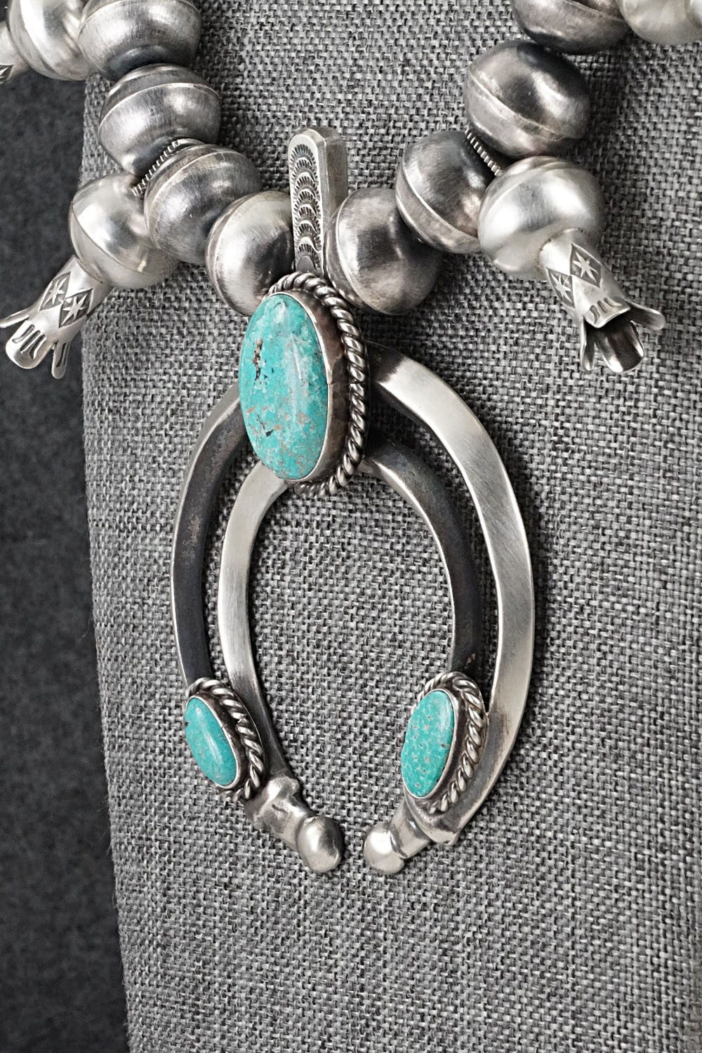 Turquoise & Sterling Silver Navajo Pearl Squash Blossom Necklace - Chris Hale