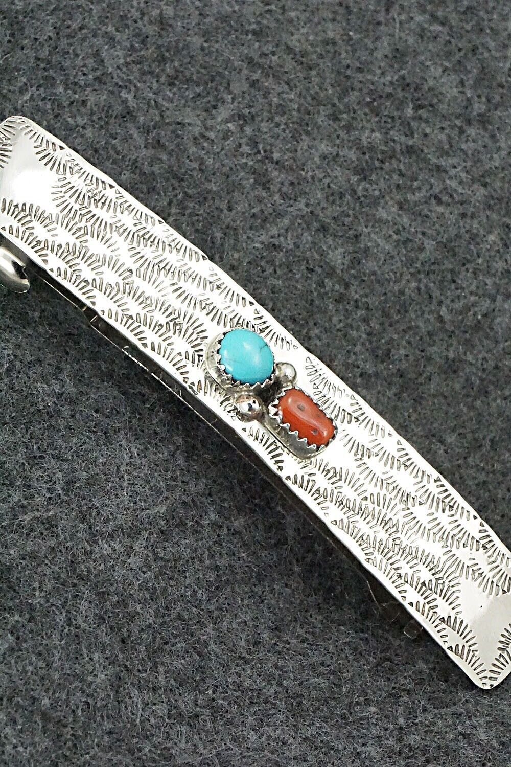 Turquoise, Coral & Sterling Silver Hair Barrette - Sally Arviso