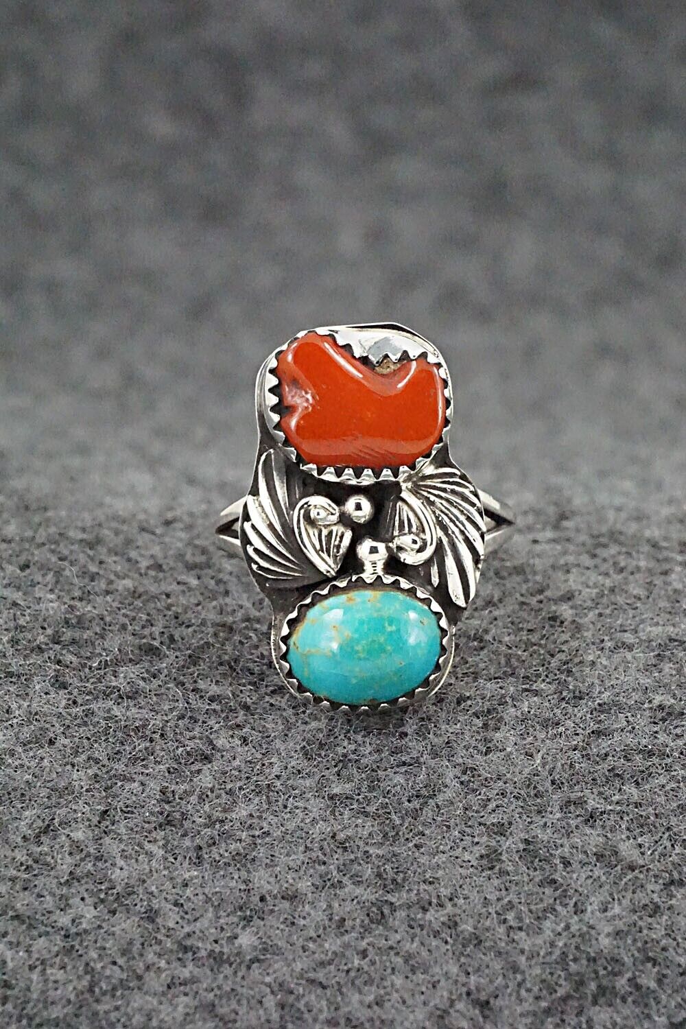 Coral, Turquoise & Sterling Silver Ring - Alice Rose Saunders - Size 7