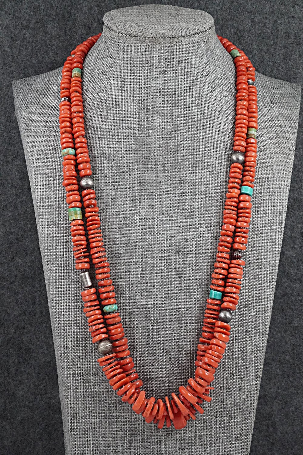 Coral, Turquoise & Sterling Silver Necklace 36" - Helen Tsosie